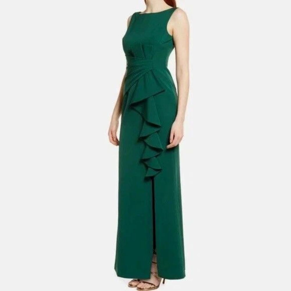 NWT Eliza J Women Front Ruffle Gown Evening Maxi Dress Size 6 Green D106 -16